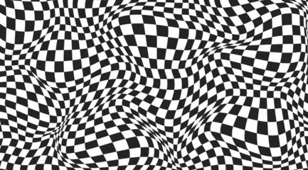 Checkerboard background. Warped wavy pattern with geometric graphic. Abstract chess square surface. Checkered psychedelic optical illusion print. Y2k design for banner. Vector illustration © Iryna