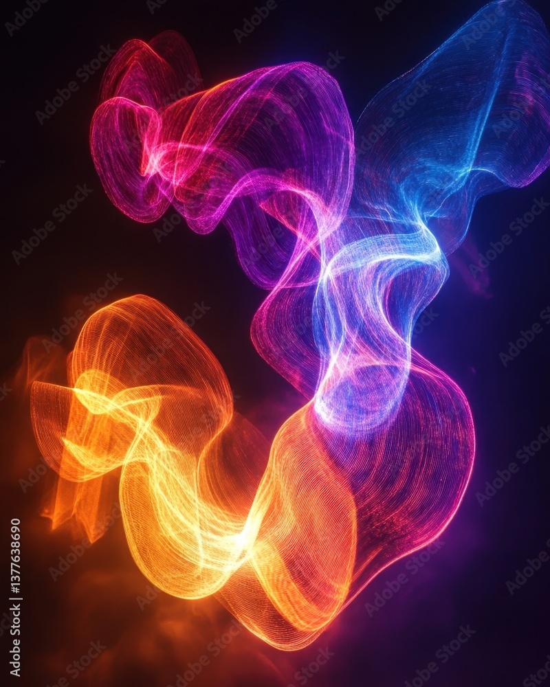 Poster abstract flowing light trails in vibrant colors against a dark background creating a mesmerizing vis
