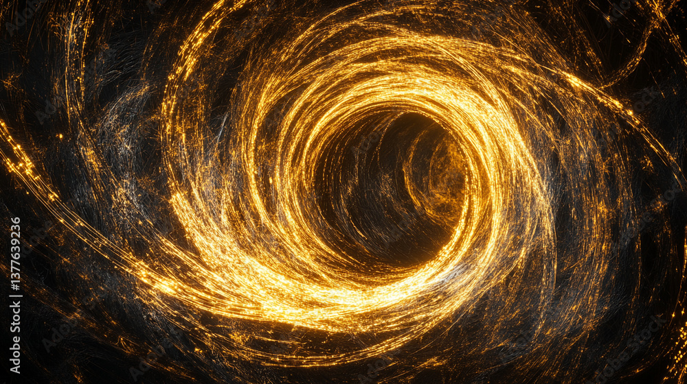 Poster a swirling vortex of golden light against a dark background creating a tunnel effect in the image