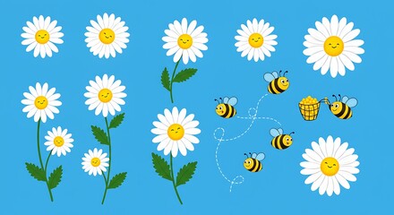 Fototapeta premium Happy Bees & Daisies: Cheerful Vector Illustration AI Generated