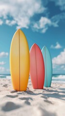 Three surfboards are on the beach, with one being yellow, one being red