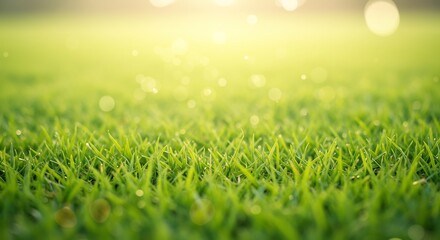 Fototapeta premium Golden hour light bathes lush green grass blades creating a serene summer scene. AI Generated