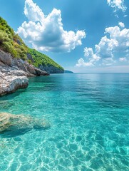 Serene turquoise sea meeting lush green cliffs under a sunny sky creating a tranquil summer scene perfect for travel inspiration and relaxation