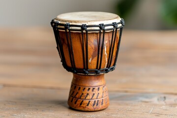 Traditional african djembe drum on wooden surface