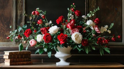 A vintage-inspired floral arrangement featuring fresh roses and antique books.