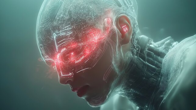 a futuristic cyborg with glowing red eyes, emanating an aura of advanced technology and mystery