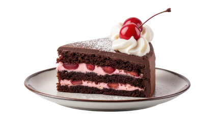 Delicious Chocolate Cake Slice with Cherries and Whipped Cream