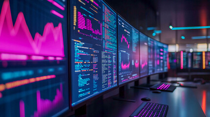 Obraz premium A workstation with multiple monitors displaying graphics and program code. The lighting in the room is neon.