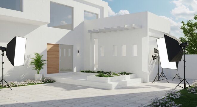 Modern house photoshoot setup bright sunlight. AI Generated