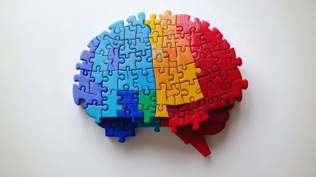 Colorful brain puzzle with multicolored jigsaw pieces representing cognitive diversity