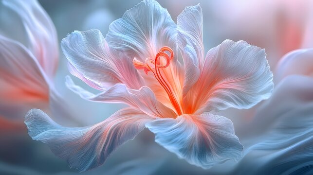 Pale Sunset Evening with Soft Fog and Surreal Wild Flower Macro