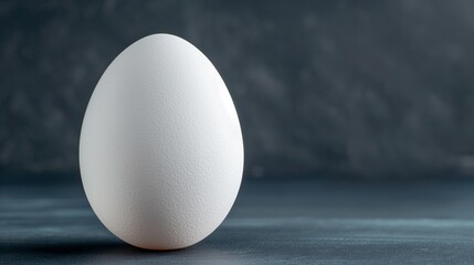 Single white egg on dark background with subtle texture and shadow contrast