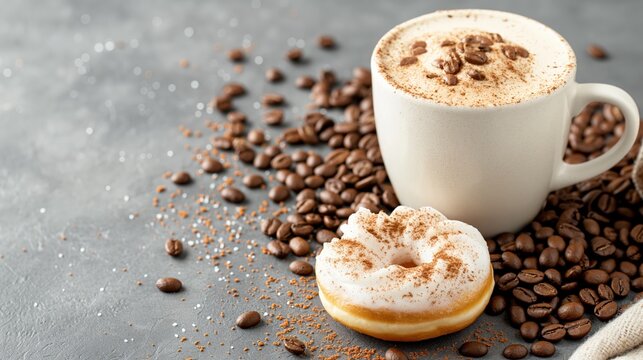 Coffee with donut and coffee beans on gray background