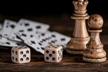 Dice, chess pieces, and playing cards on wooden surface