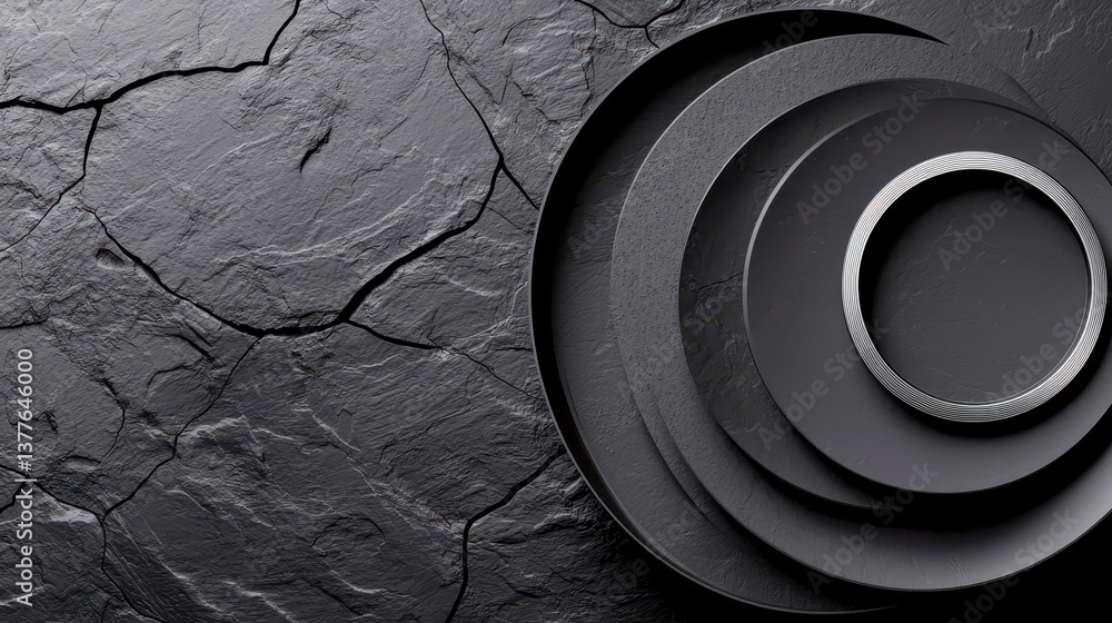 Aufkleber a modern, abstract arrangement of circular forms on a textured black surface, showcasing a blend of 