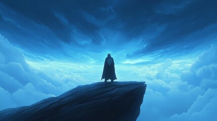 A figure stands on a cliff, gazing into a vast, cloudy sky, reflecting contemplation and solitude in a dramatic scene.