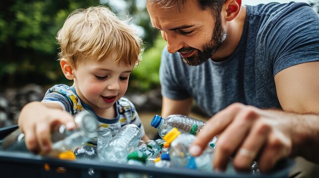 Father and son recycling plastic bottles