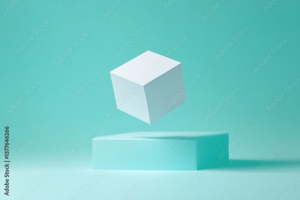 Poster Floating white cube above mint green platform with minimalistic background for modern design aesthetics