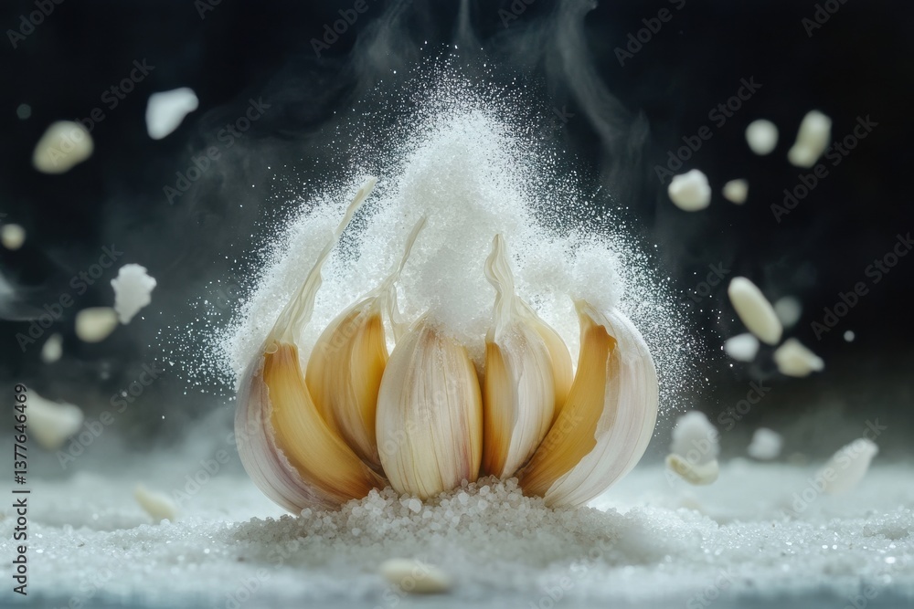 Poster garlic bulbs surrounded by salt and aromatic powder create a captivating culinary display in a vibra