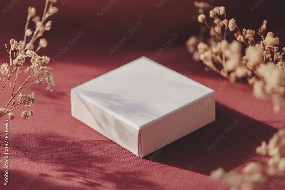 Poster Simple white box surrounded by dried flowers on a textured red background creates a minimalistic aesthetic