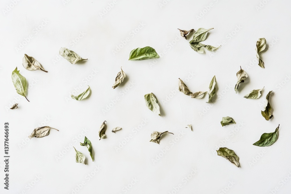 Poster Dried leaves scattered on a white surface creating a natural texture and calming atmosphere in an indoor setting