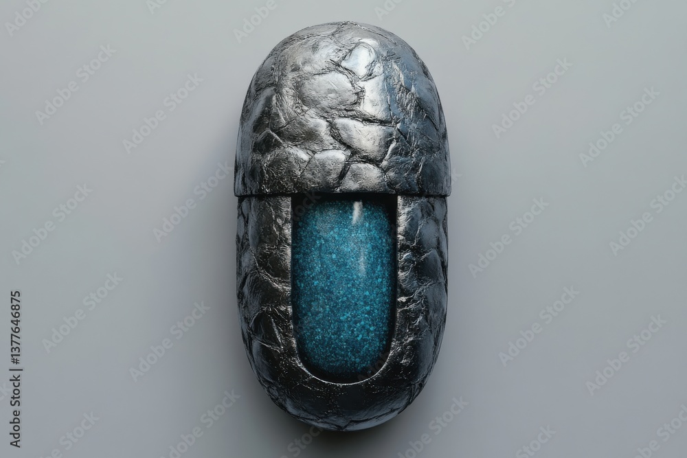 Poster Unique artistic representation of a capsule shaped like an object on a textured surface in a studio setting
