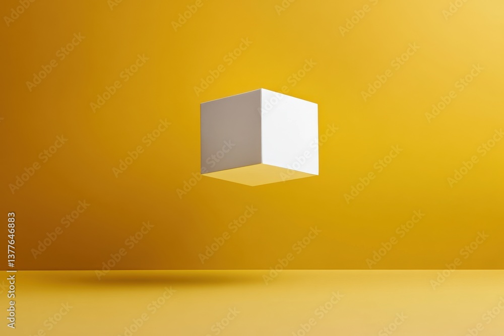 Poster floating white cube against a yellow background inspires creativity and minimalism in modern design 