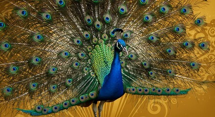 Obraz premium Peacock Majesty: Golden Hues & Sapphire Eyes AI Generated