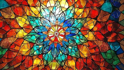 Vibrant stained glass window showcasing intricate floral design with colorful patterns and light - Powered by Adobe