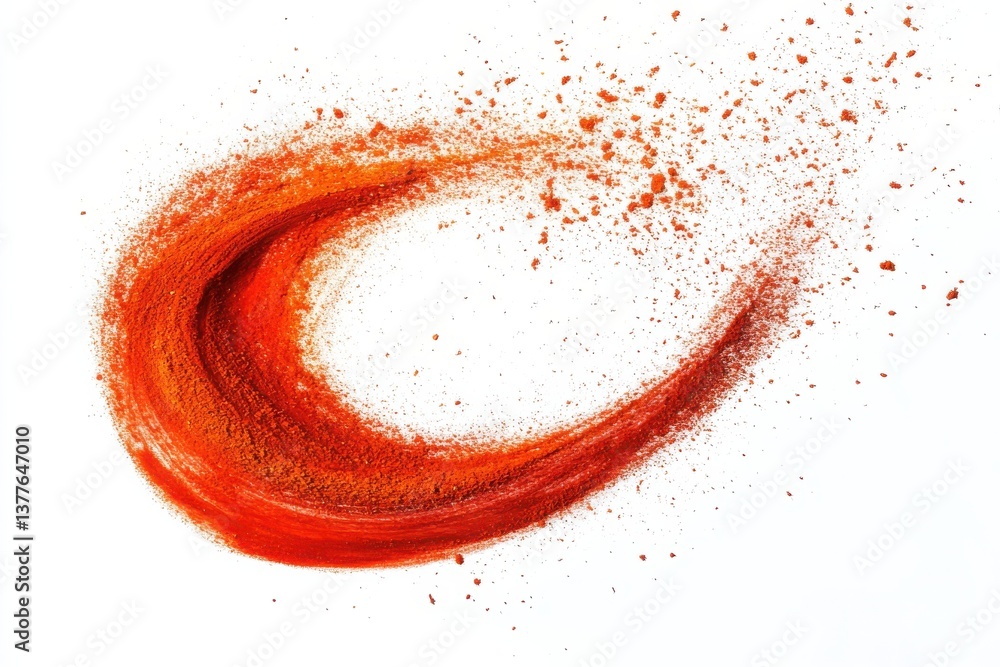 Poster vibrant red powder creates dynamic swirling pattern on white surface during artistic display in crea