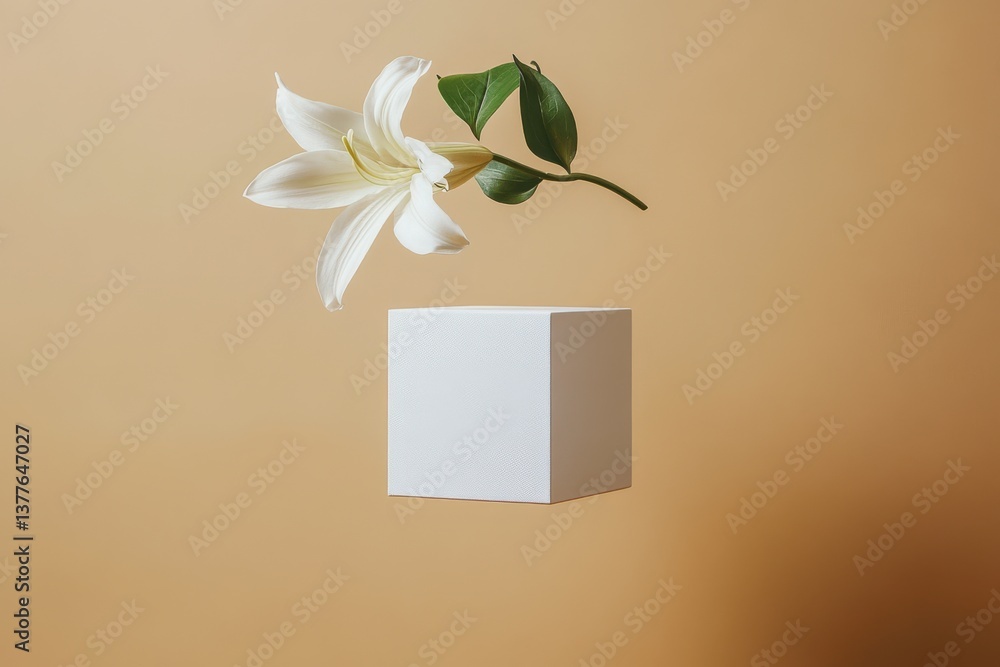 Poster floating white lily flower above a plain geometric block on a warm beige background