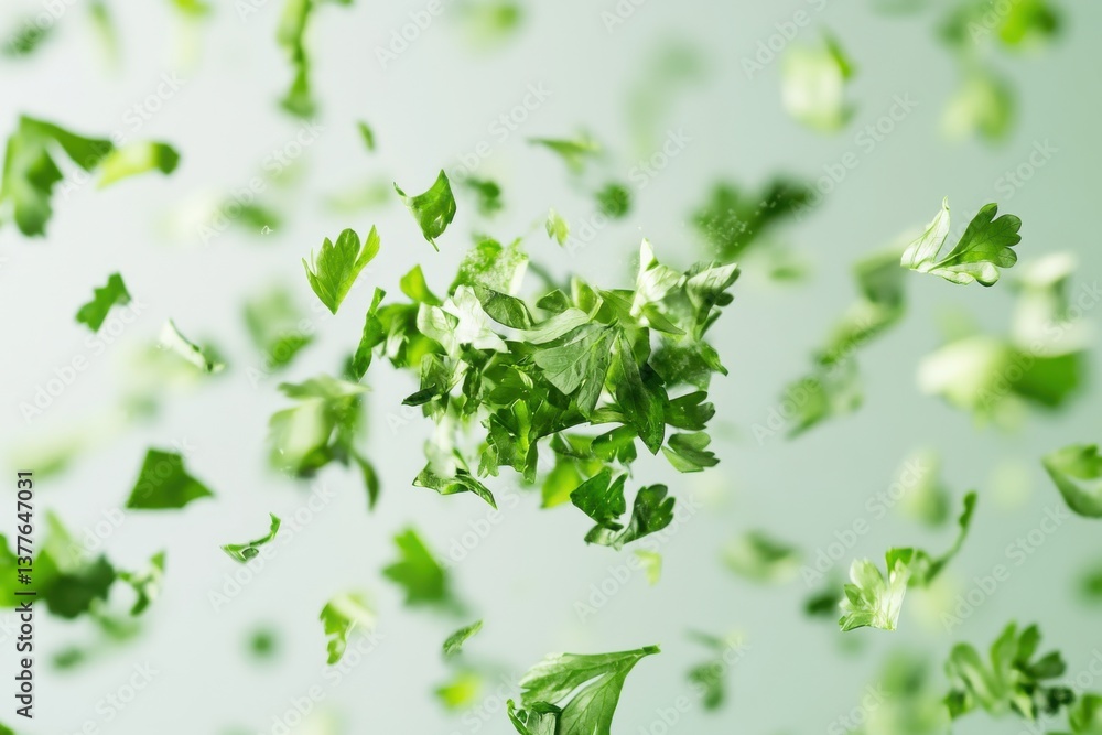Poster freshly chopped herbs float in the air creating a vibrant culinary atmosphere for food preparation