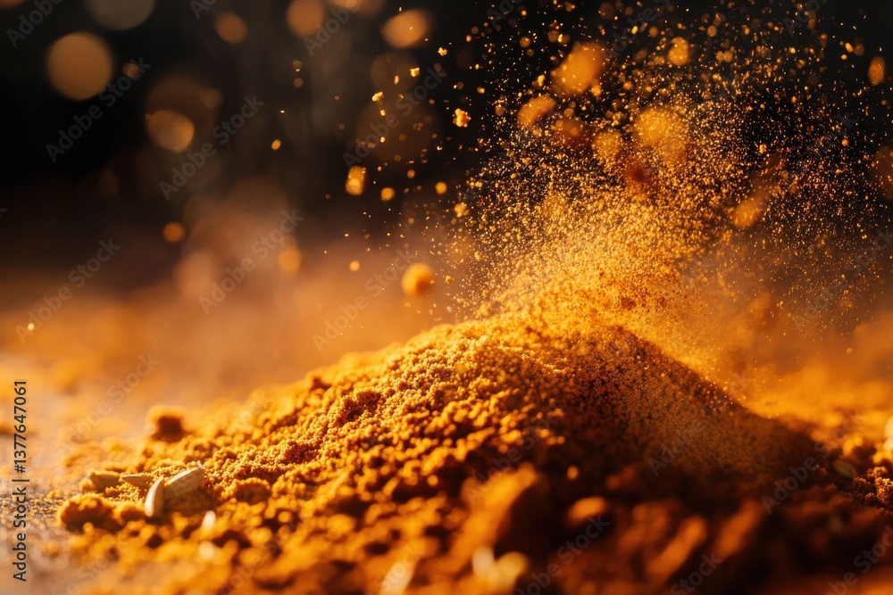 Poster Spices release fragrant particles in a close-up view showcasing vibrant colors and textures during culinary preparation