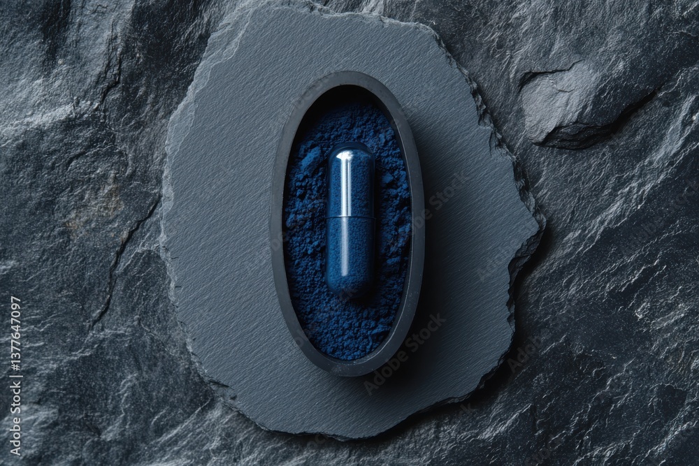 Poster Unique blue capsule resting on dark stone with powder creating an artistic and modern display