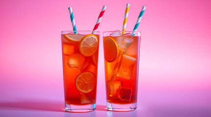 Two tall glasses filled with a vibrant orange drink, ice, lemon slices, and colorful straws against a gradient pink background.