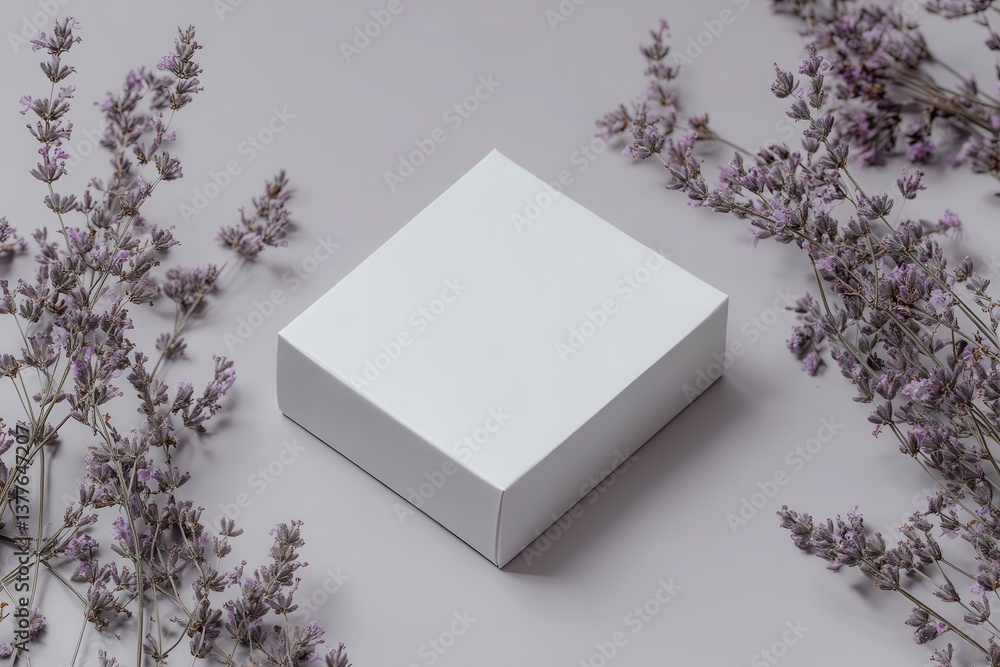 Poster Minimalist box surrounded by dried lavender on a soft gray background creating a serene atmosphere for gifting