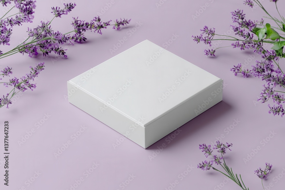 Poster simple white gift box surrounded by fresh lavender on a soft purple surface creating a calm atmosphe