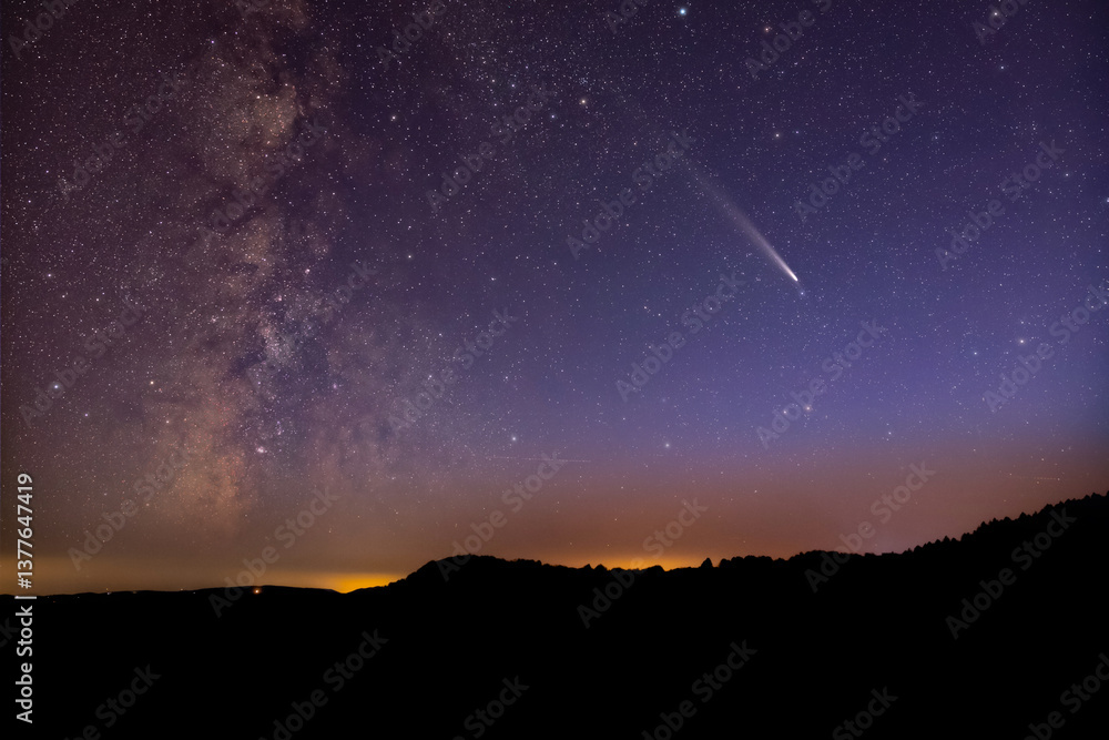 Wall mural comet c2023a3 tsuchinshan atlas with milky way stars photographed from northern hemisphere in octobe