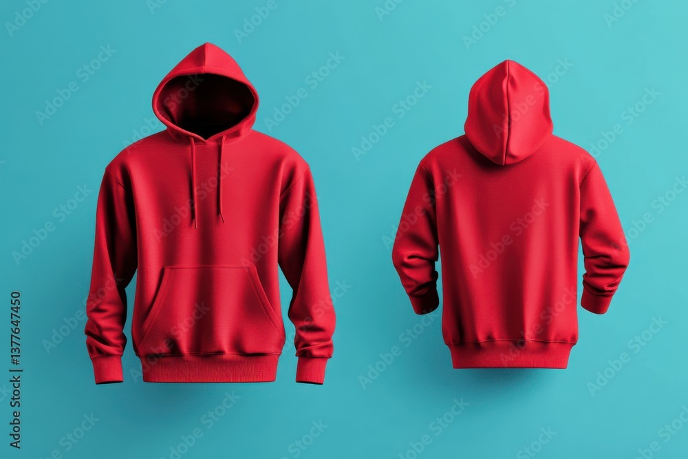Poster Red hoodie on display against a bright blue background showing front and back views in a minimalistic style