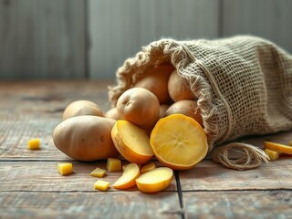 Fresh Potatoes in Burlap Sack on Rustic Wooden Table