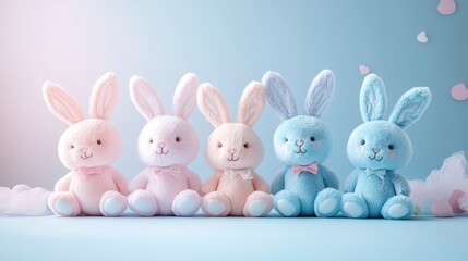 Fototapeta premium Colorful Plush Bunny Toys with Hearts and Soft Background