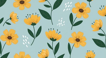 Sunny Yellow Floral Pattern: Soft Blue Background AI Generated