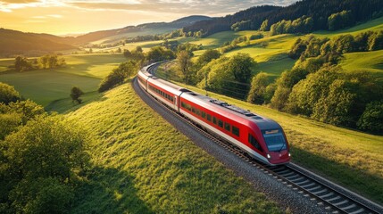 A red train glides along the railway tracks, surrounded by lush green hills and trees under a vibrant sunset sky. The countryside offers a tranquil backdrop to the journey
