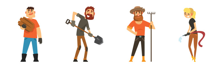 Funny Man and Woman Farmer Character Enjoy Horticulture and Agriculture Vector Set