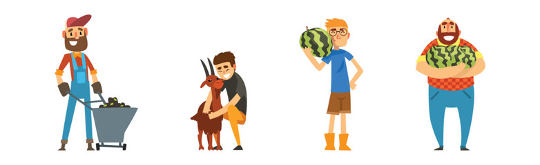 Funny Man Farmer Character Enjoy Horticulture and Agriculture Vector Set