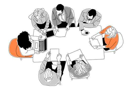 business meeting overhead view, black and white clip art preview
