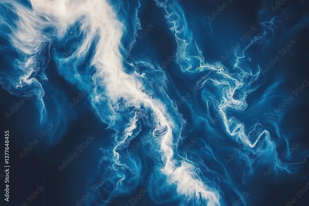 Poster an abstract depiction of swirling blue and white patterns resembling ocean waves or clouds in a deep