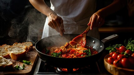 Person's hands holding a wooden spoon and stirring a dish in a frying pan on a gas stove. the dish appears to be a pasta dish with tomato sauce and noodles.