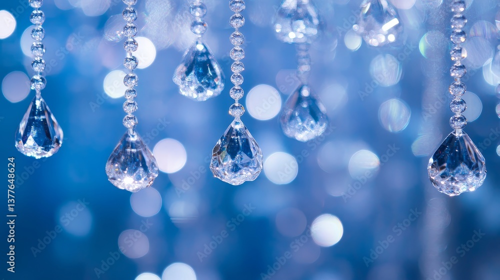 Poster glittering crystal beads in blue abstract background with soft focus bokeh