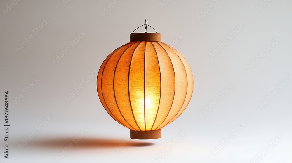 Poster illuminated orange paper lantern casting soft shadow against a neutral background in studio setting 